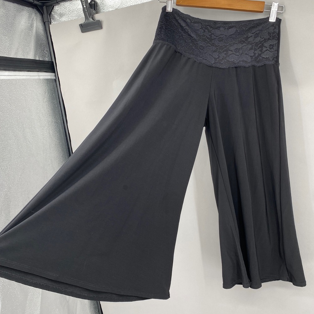 Y2K Maurices Lace Waist Gaucho Pants Women Size M Black Wide Leg Flowy Palazzo